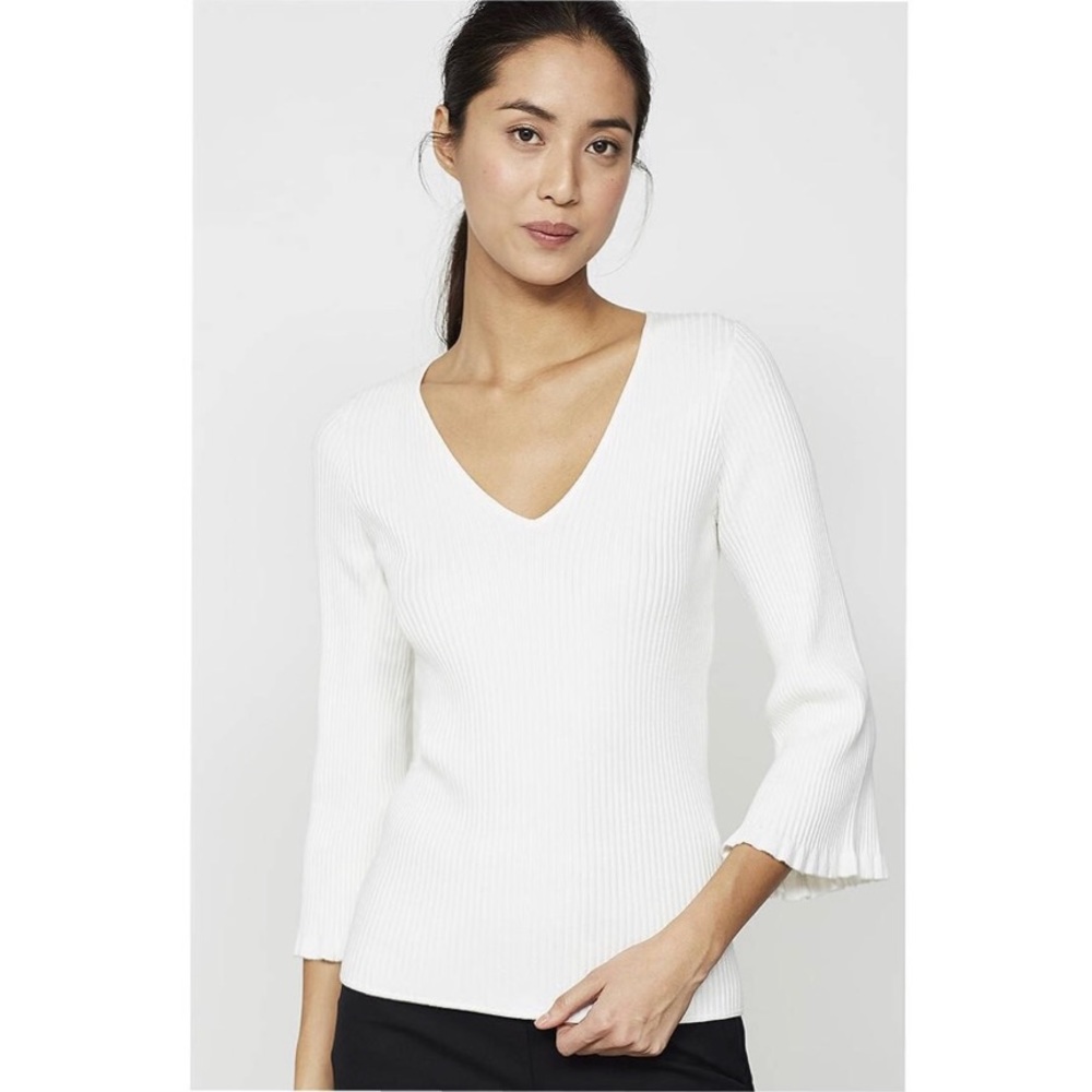 NWT Mint Velvet White Frill Cuff Ribbed V-Neck Sweater
